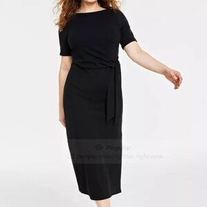 Women's Crewneck Wrap Tie Waist T-shirt Midi Dress L Large Black